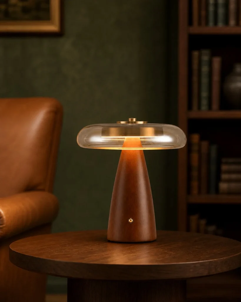 Tischlampe NALU, Nussbaum und cognacfarbenes Glas – Klein, in einer Leseecke