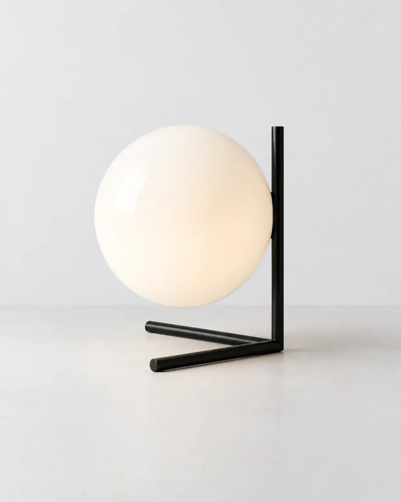 Tischlampe KAEN, Grosse Opalglaskugel mit schwarzem Winkelgestell – Schwarz, Produktfoto