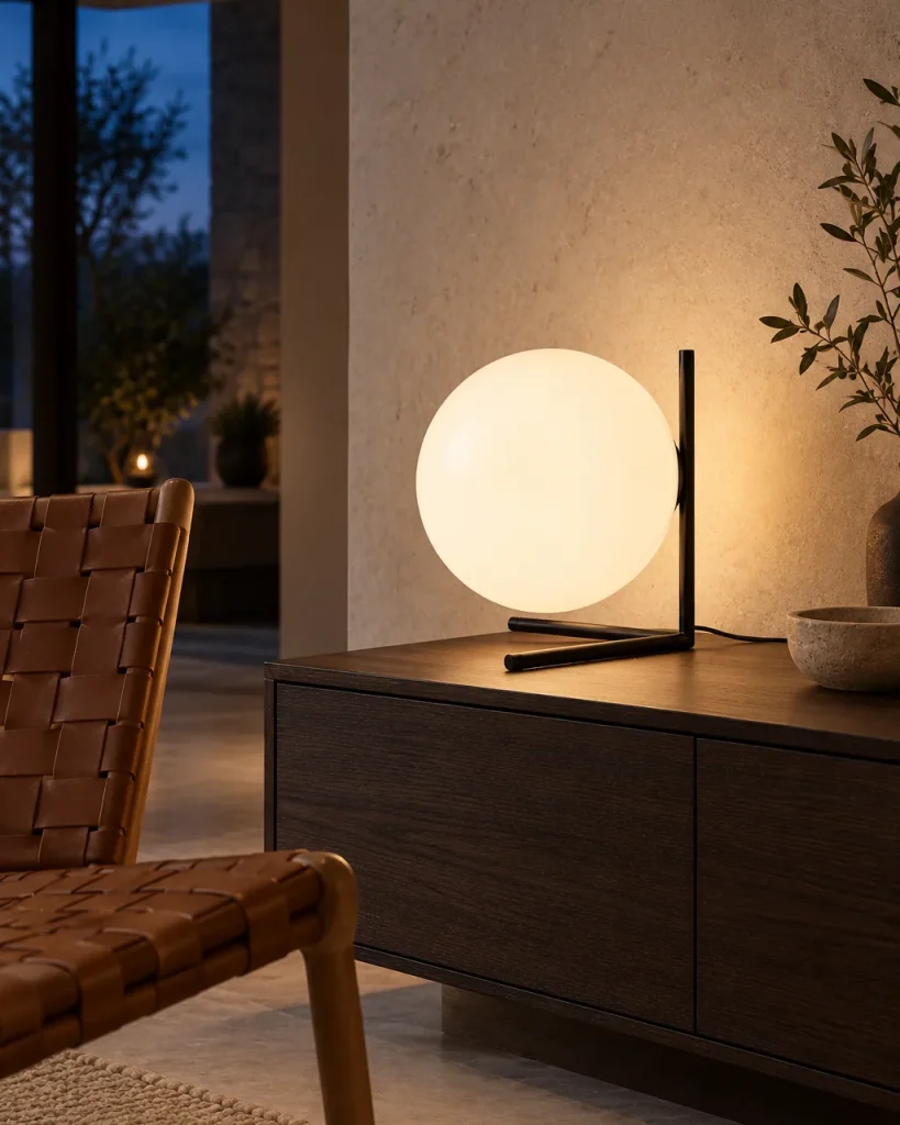 Tischlampe KAEN, Grosse Opalglaskugel mit schwarzem Winkelgestell – im Wohnzimmer auf einem Sideboard aus Eiche, Abendlicht
