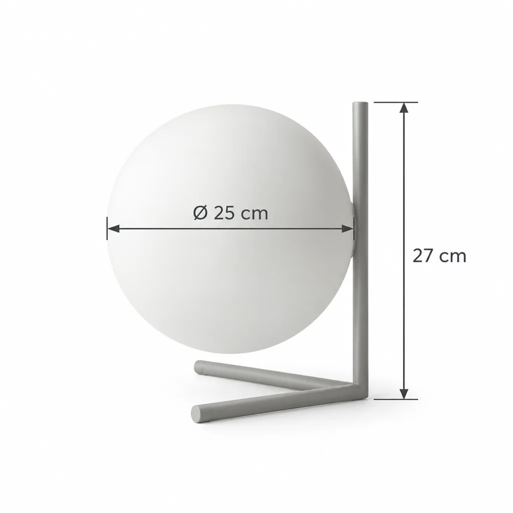 Tischlampe KAEN, Grosse Opalglaskugel mit schwarzem Winkelgestell – Masszeichnung Höhe 27 cm, Kugel Ø 25 cm