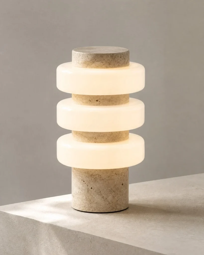 Tischlampe JALA, Naturstein und Acryl mit Lichtfarbwechsel – Travertin, Detailansicht