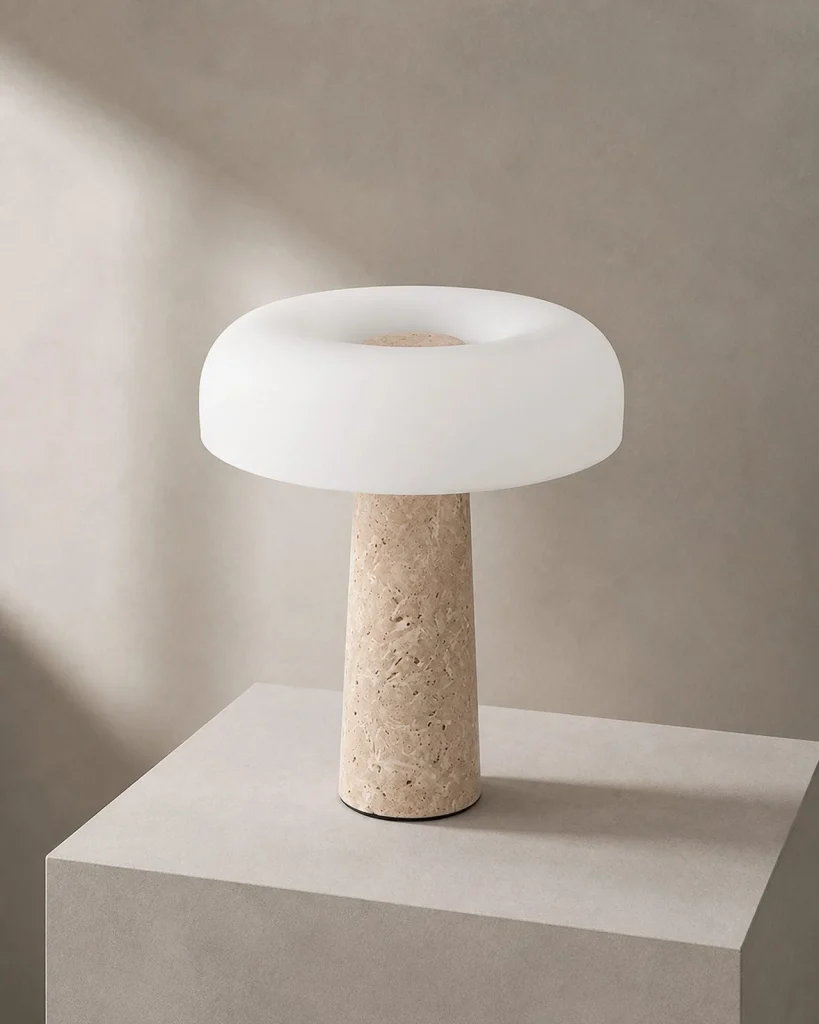 Tischlampe ZENO, Travertin und mattweisse Glaskuppel – Travertin, Produktansicht