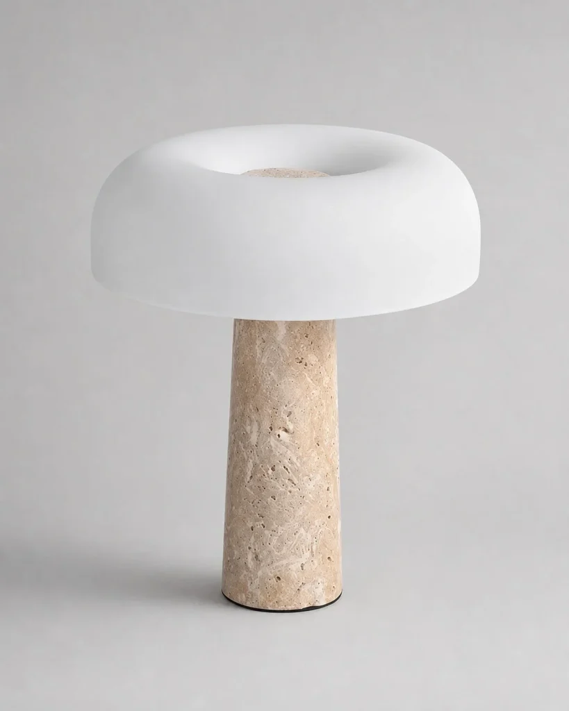 Tischlampe ZENO, Travertin und mattweisse Glaskuppel – Travertin, Detailansicht