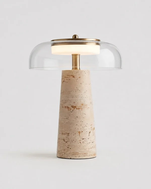 Tischlampe: Travertinfuss und Glaskuppel – ZOA