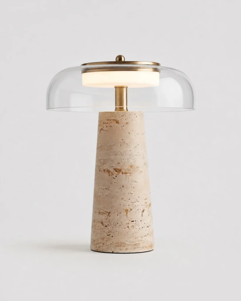 Tischlampe ZOA, Travertinfuss und Glaskuppel – Klarglas, Produktfoto
