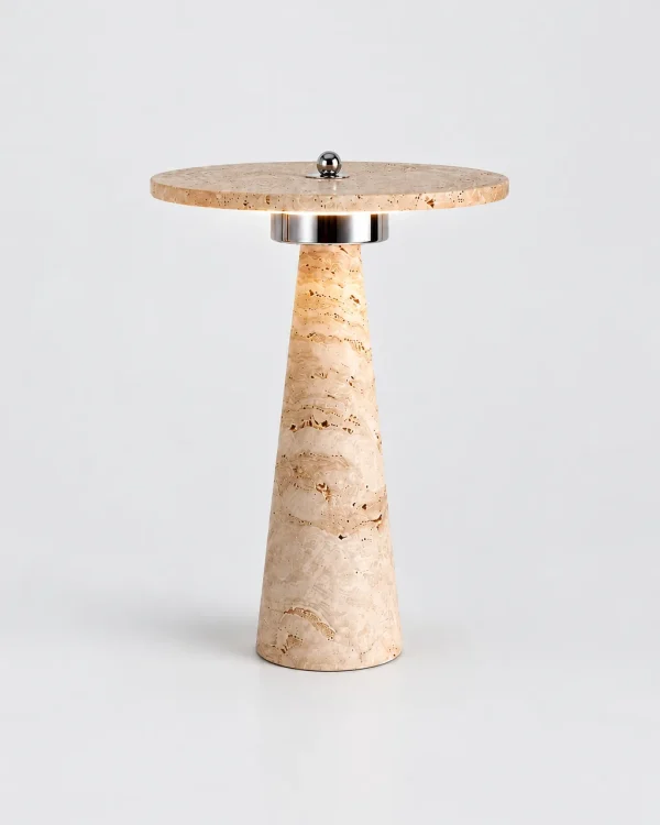 Lampada da tavolo NIXO, cono in travertino con anello cromato – cromo & beige, foto prodotto