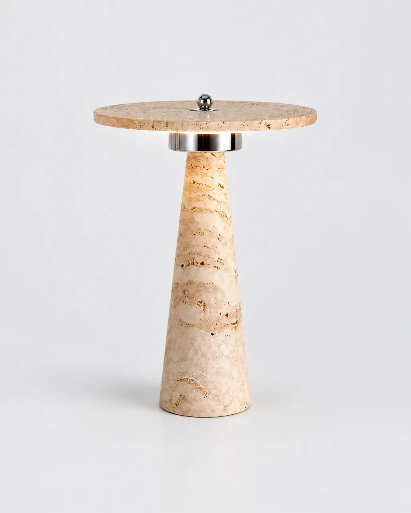 Lampada da tavolo NIXO, cono in travertino con anello cromato – cromo & beige, foto prodotto