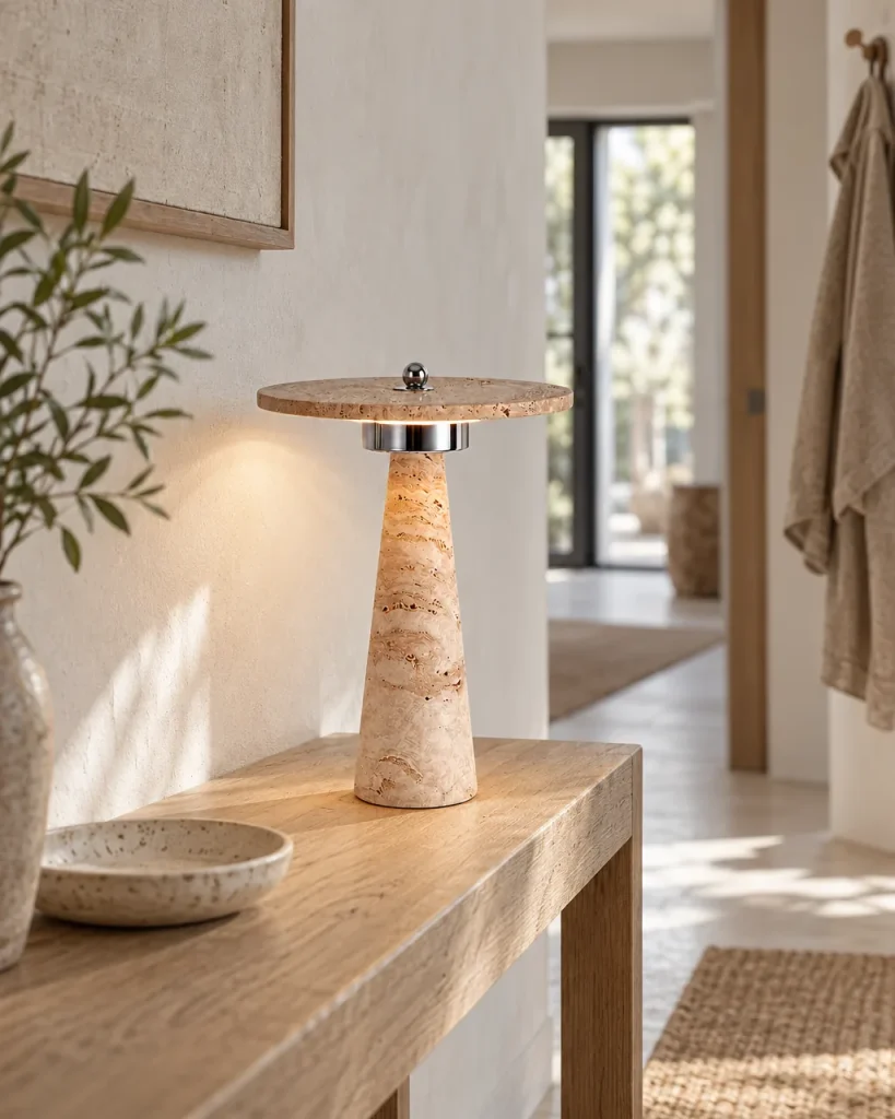 Lampada da tavolo NIXO, cono in travertino con anello cromato – in corridoio su una consolle in frassino, luce diurna