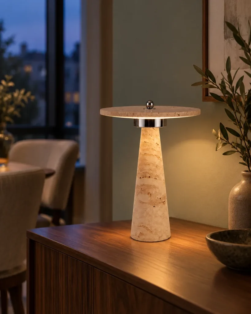 Lampada da tavolo NIXO, travertino e cromo – su una credenza in noce in sala da pranzo, luce serale