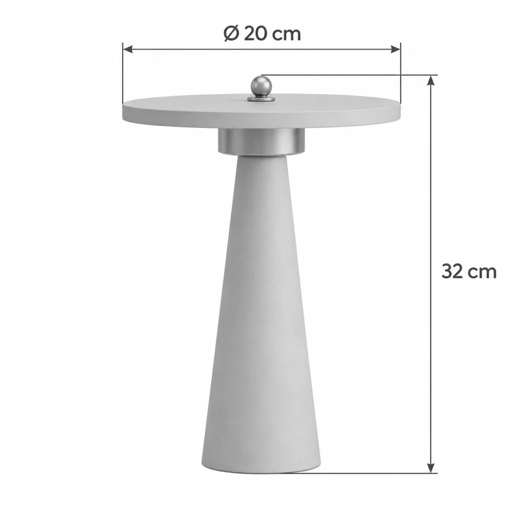 Lampada da tavolo NIXO, cono in travertino con anello cromato – disegno tecnico con misure Ø 20 cm, altezza 32 cm