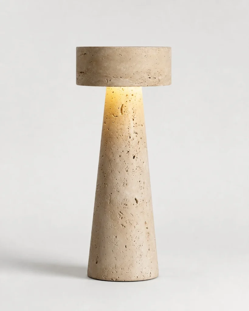 Tischlampe BELLO, skulpturaler Travertin-Monolith – Travertin, Produktfoto