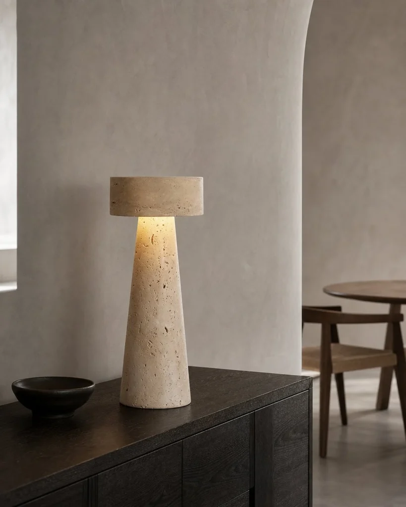 Tischlampe BELLO, skulpturaler Travertin-Monolith – Travertin, im Essbereich