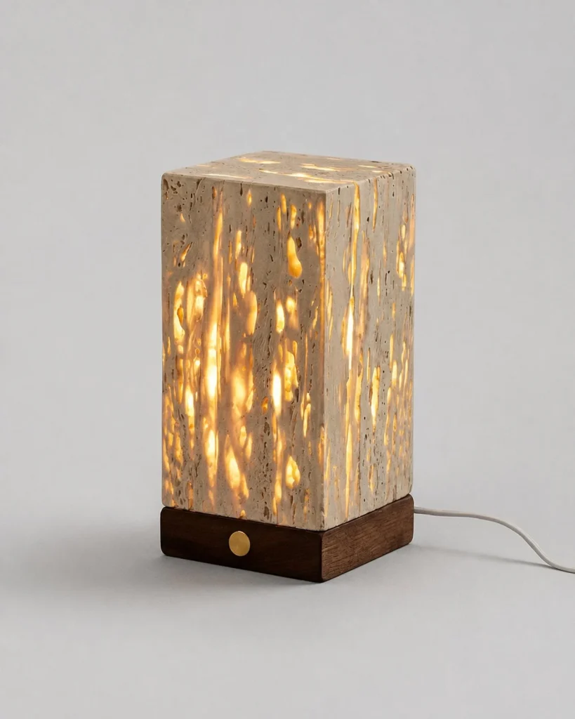 Tischlampe OMA, Travertin und Nussbaum mit USB-Anschluss – Schmal, Produktfoto