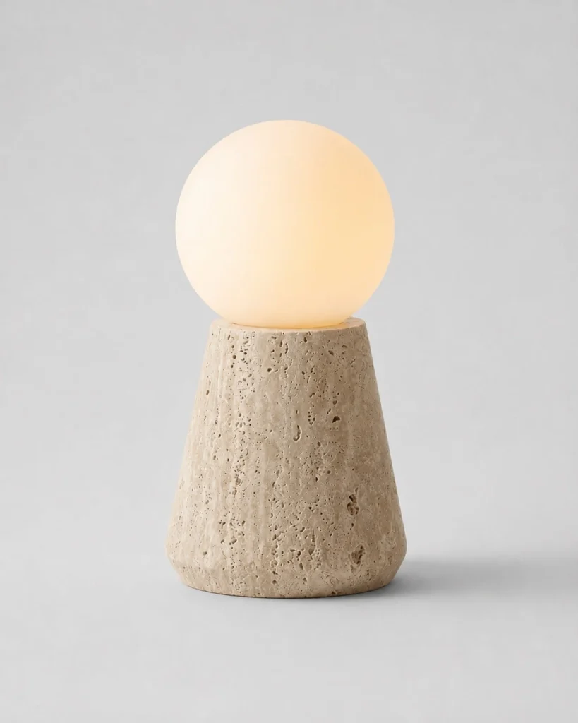 Tischlampe ZIRO, Travertin und Opalglaskugel – Konisch, Produktfoto