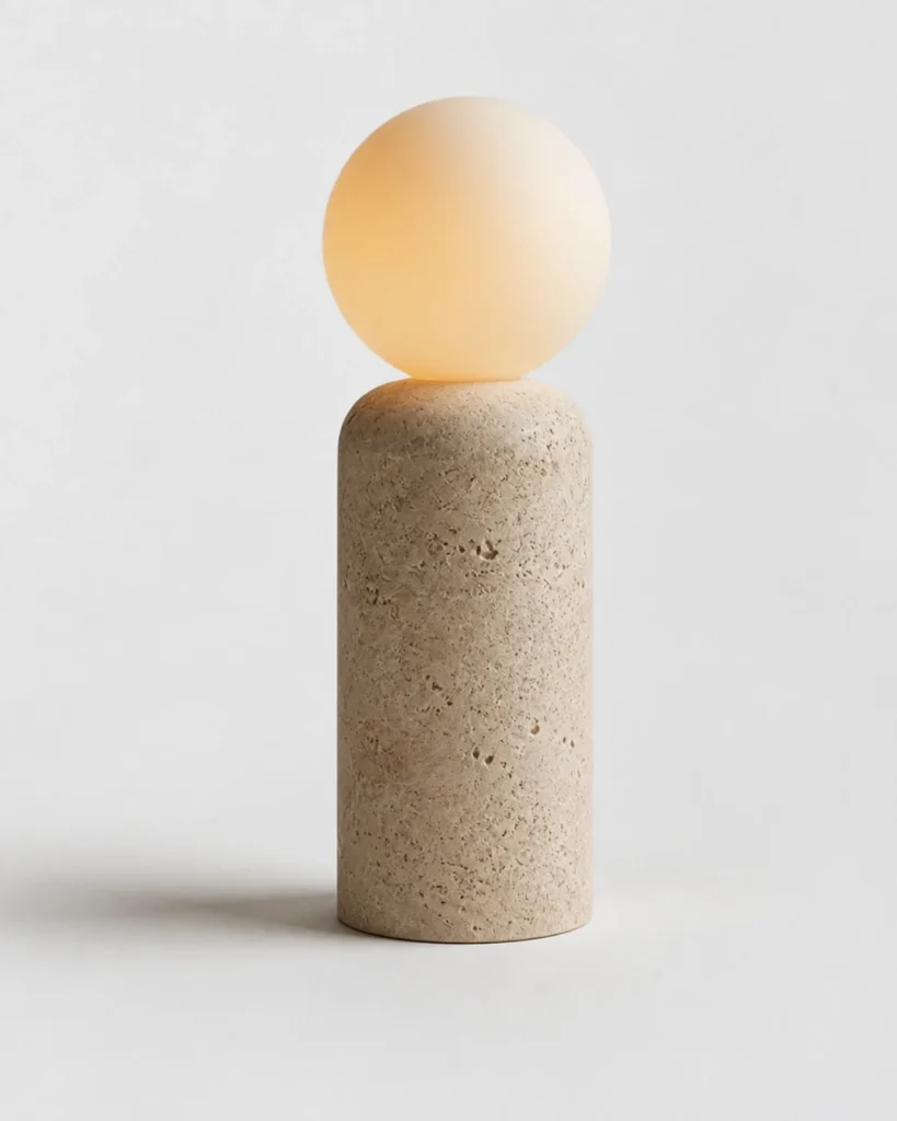 Tischlampe ZIRO, Travertin und Opalglaskugel – Zylindrisch, Produktfoto