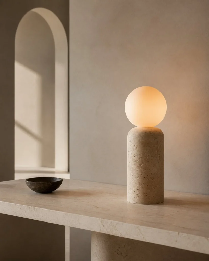 Tischlampe ZIRO, Travertin und Opalglaskugel – Zylindrisch, in einer Raumszene