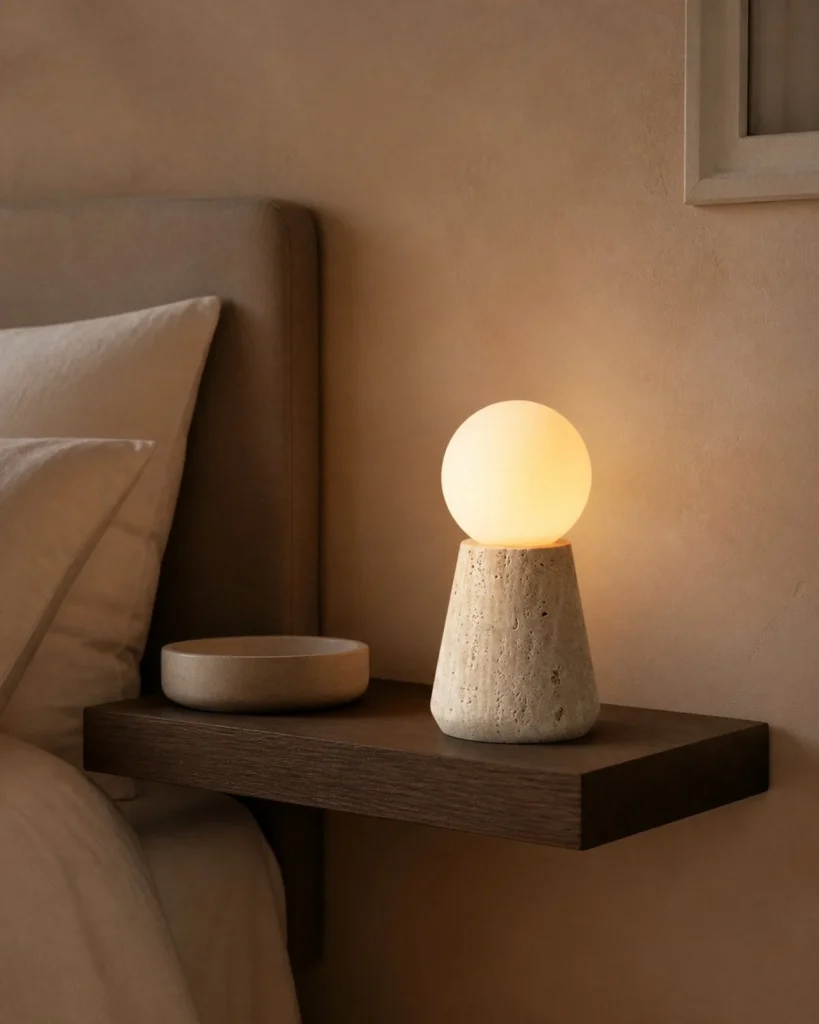 Tischlampe ZIRO, Travertin und Opalglaskugel – Konisch, in einer Raumszene