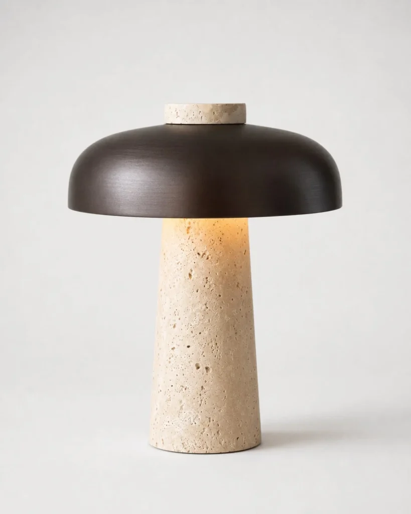 Tischlampe SAGAR, Travertin in Wabi-Sabi-Pilzform – Travertin, Produktfoto