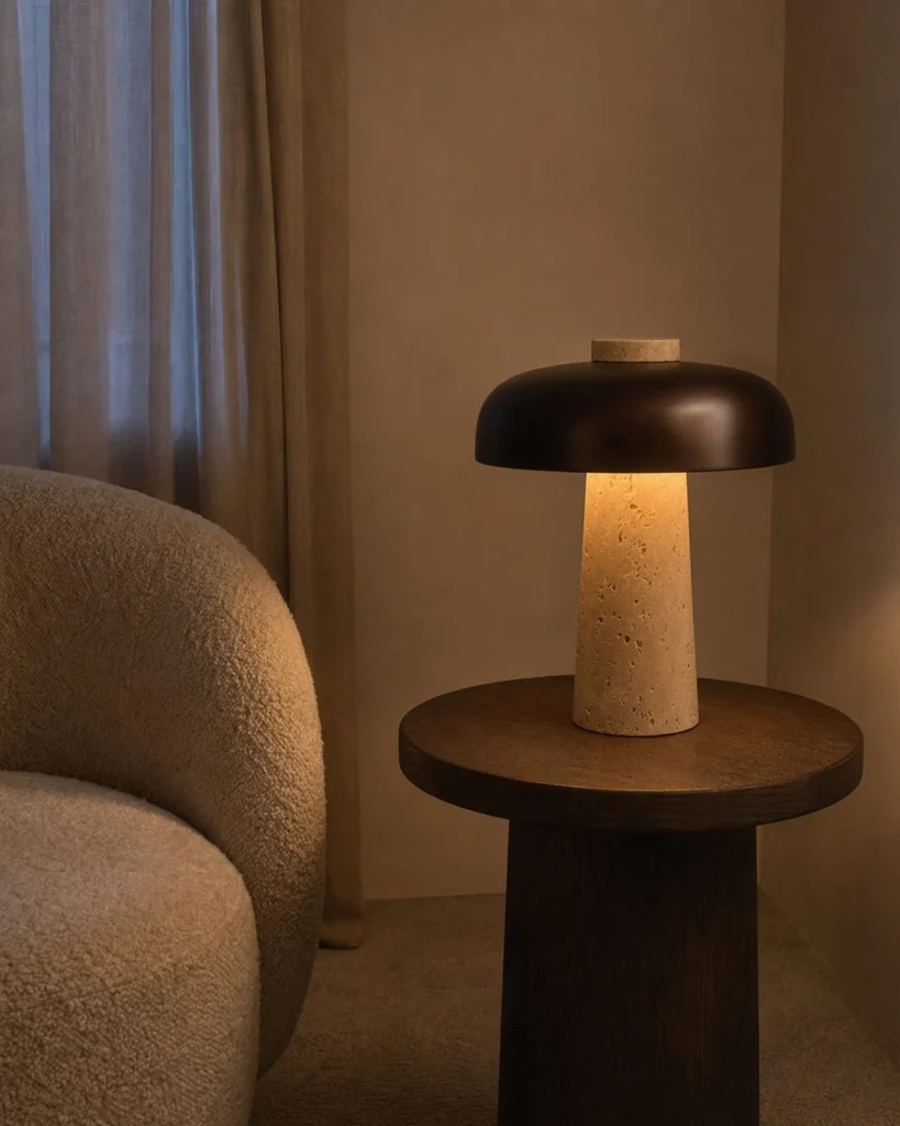 Tischlampe SAGAR, Travertin in Wabi-Sabi-Pilzform – Travertin, in einer Raumszene