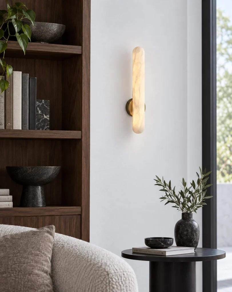 Wandlampe RIFET, asymmetrische Alabasterleuchte mit Messinghalter – 40 cm / Warmweiss (3000 K) im Wohnraum