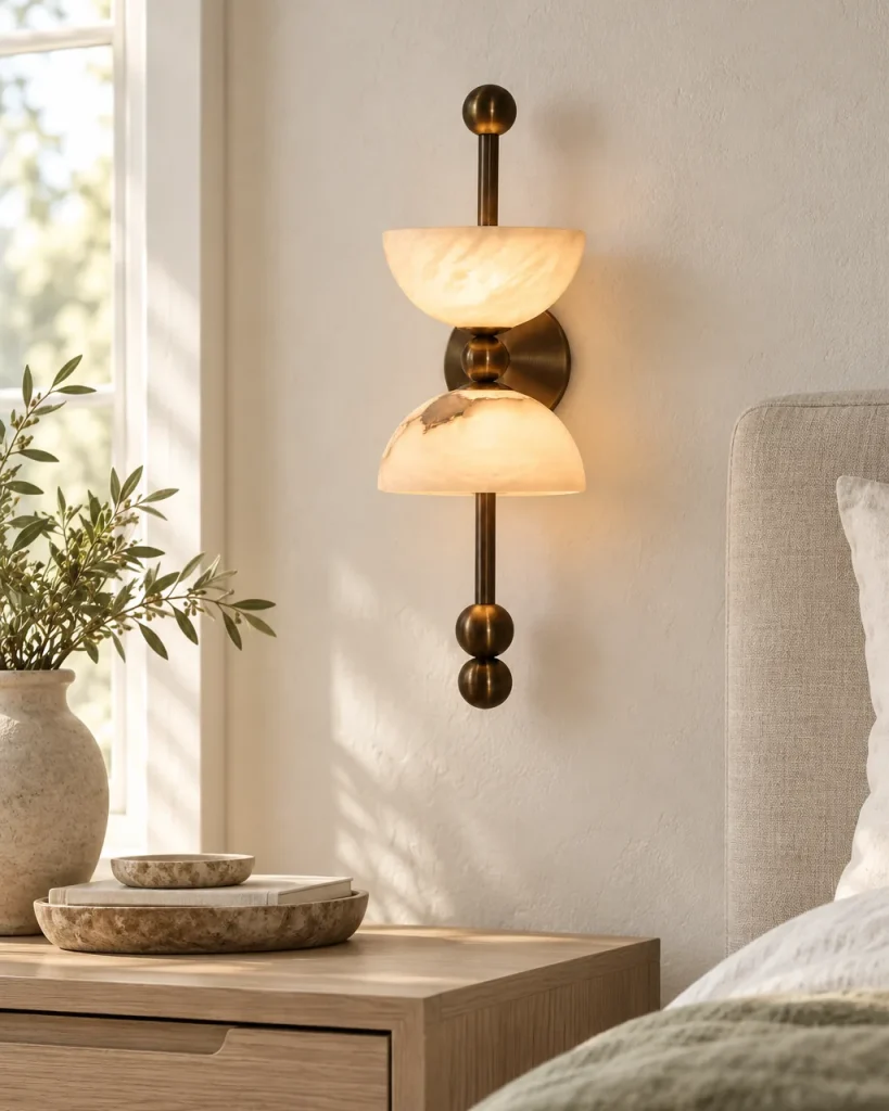 Applique JUNDE, alabastro con due semisfere – in camera da letto sopra il comodino, luce diurna