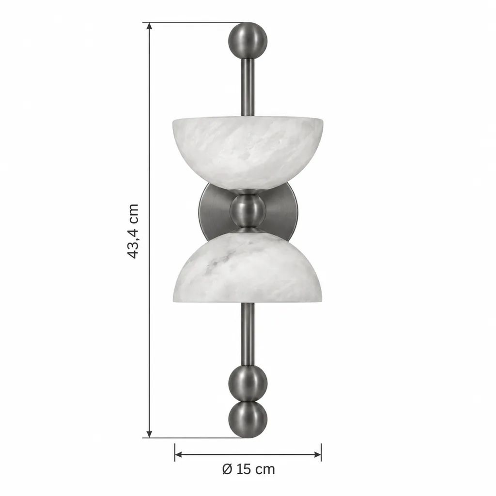 Applique JUNDE, alabastro con due semisfere – disegno tecnico con misure altezza 43,4 cm, Ø 15 cm