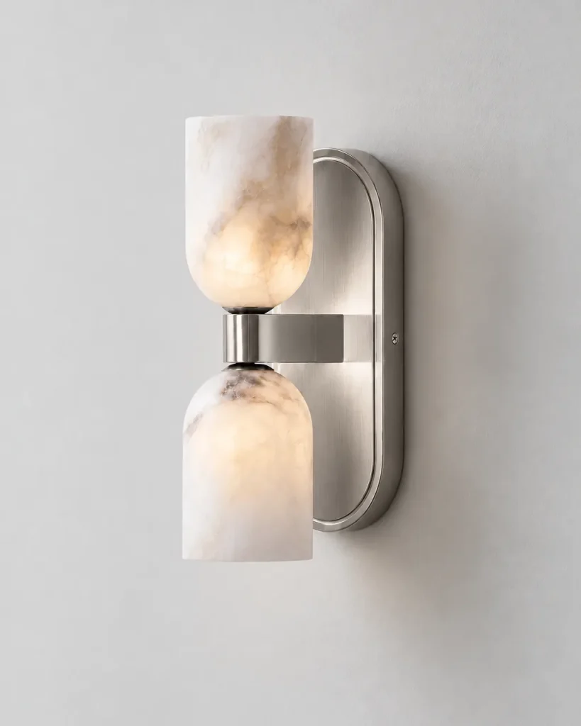Wandlampe BURFA, Alabaster-Wandleuchte mit zwei Schirmen – Nickel, Produktfoto