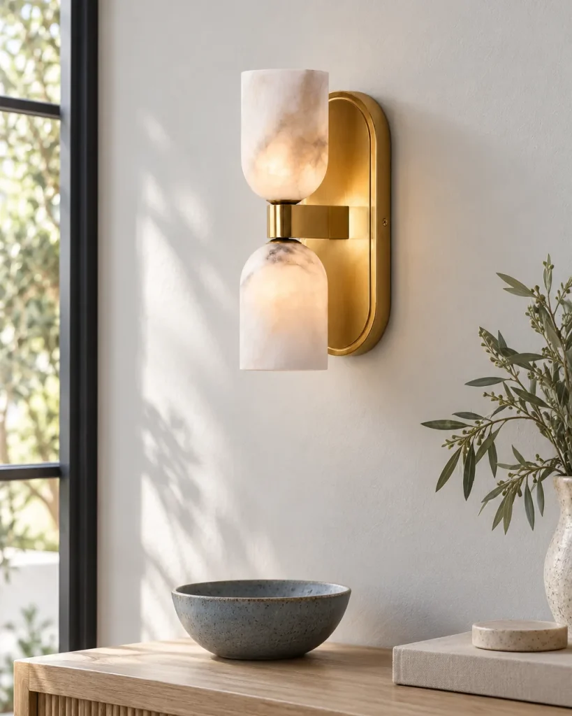 Wandlampe BURFA, Alabaster-Wandleuchte mit zwei Schirmen – im Wohnzimmer über einem Holzsideboard, Tageslicht