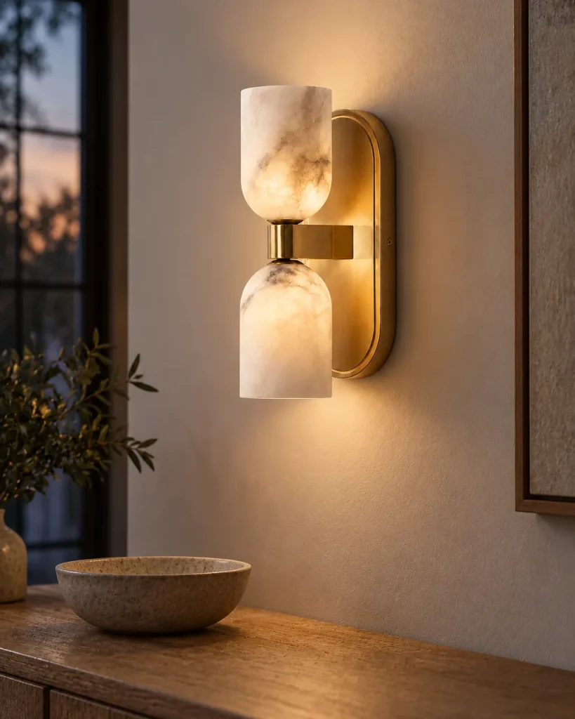 Wandlampe BURFA, Alabaster-Wandleuchte mit zwei Schirmen – im Wohnzimmer über einem Holzsideboard, Abendlicht
