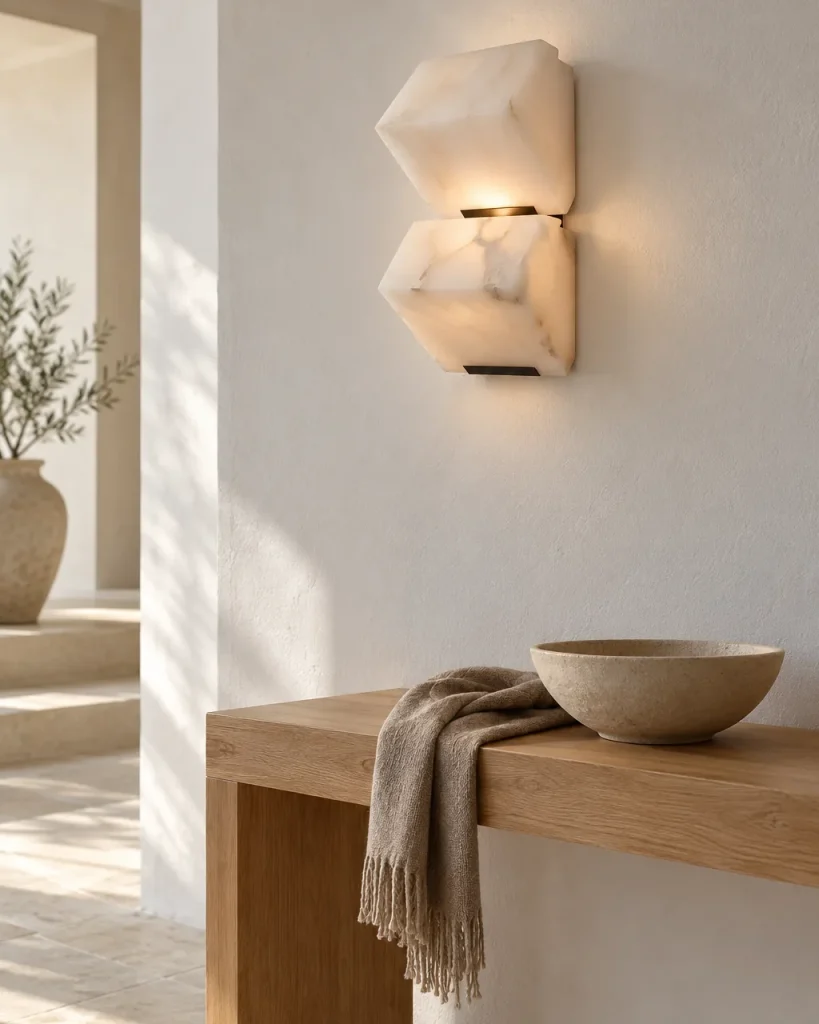 Wandlampe NORI, facettierte Alabasterblöcke, 1 bis 3 Module – im Eingangsbereich über einer Eichenkonsole, Tageslicht