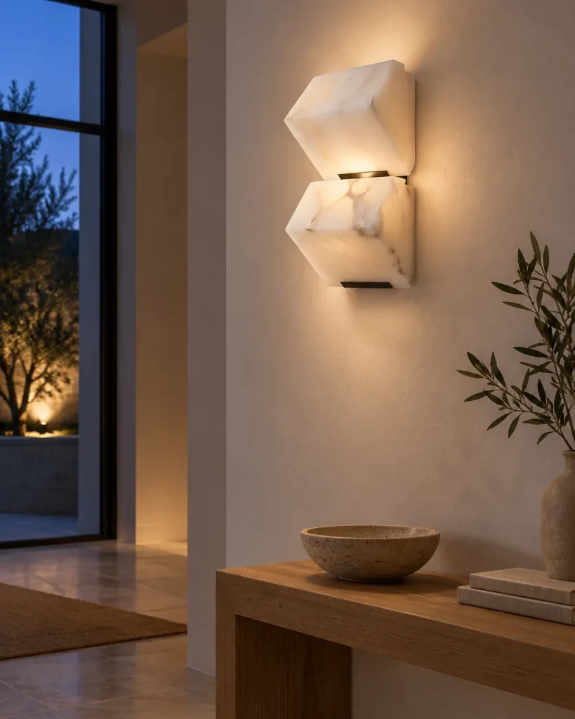 Wandlampe NORI, facettierte Alabasterblöcke, 1 bis 3 Module – im Eingangsbereich über einer Eichenkonsole, Abendlicht