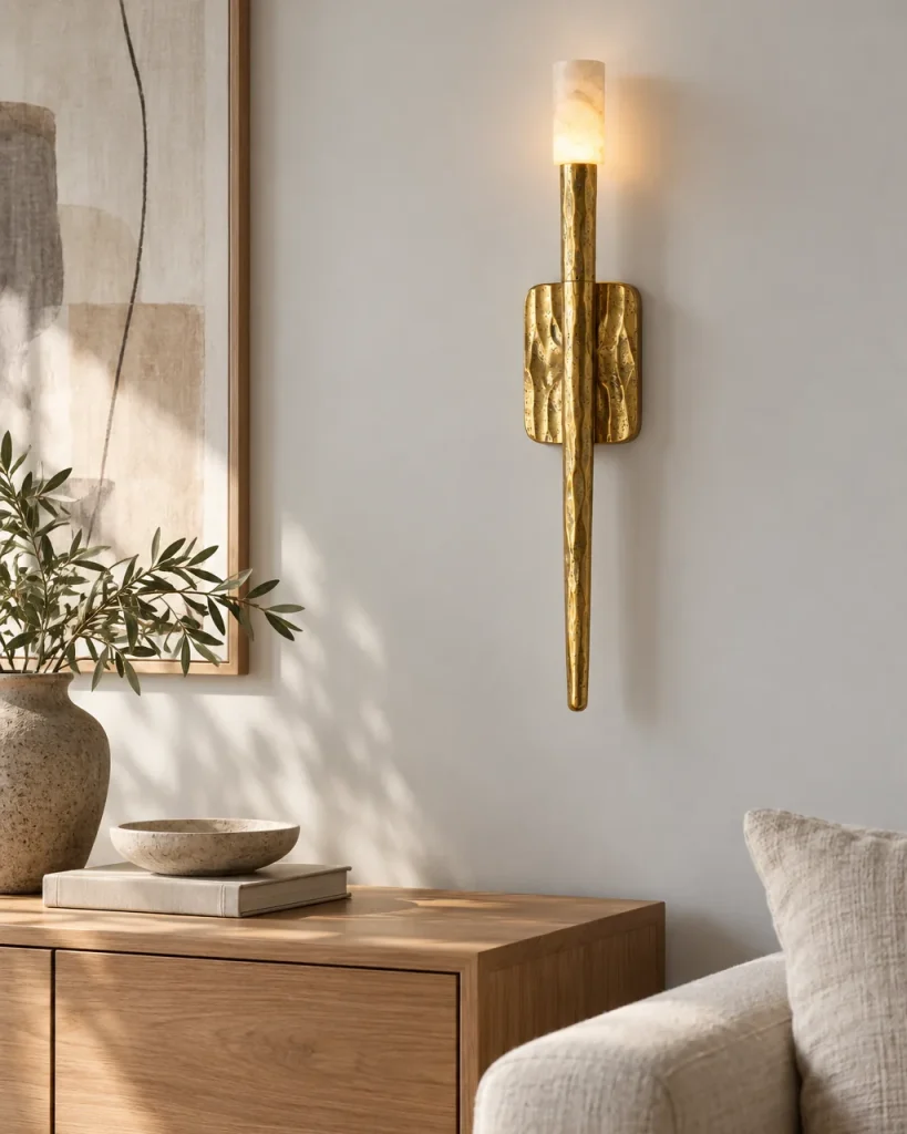 Wandlampe ERTE, Fackel-Wandleuchte mit Alabasterzylinder – im Wohnzimmer über einem Holzsideboard, Tageslicht