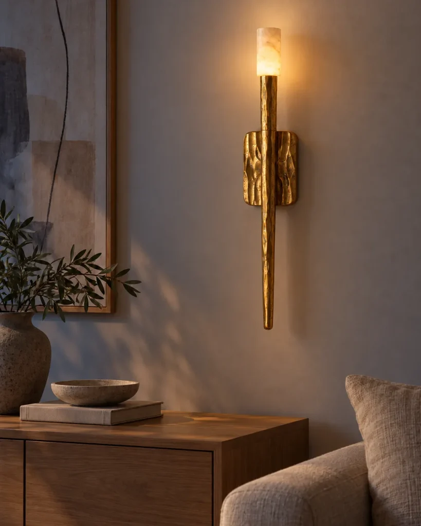 Wandlampe ERTE, Fackel-Wandleuchte mit Alabasterzylinder – im Wohnzimmer über einem Holzsideboard, Abendlicht