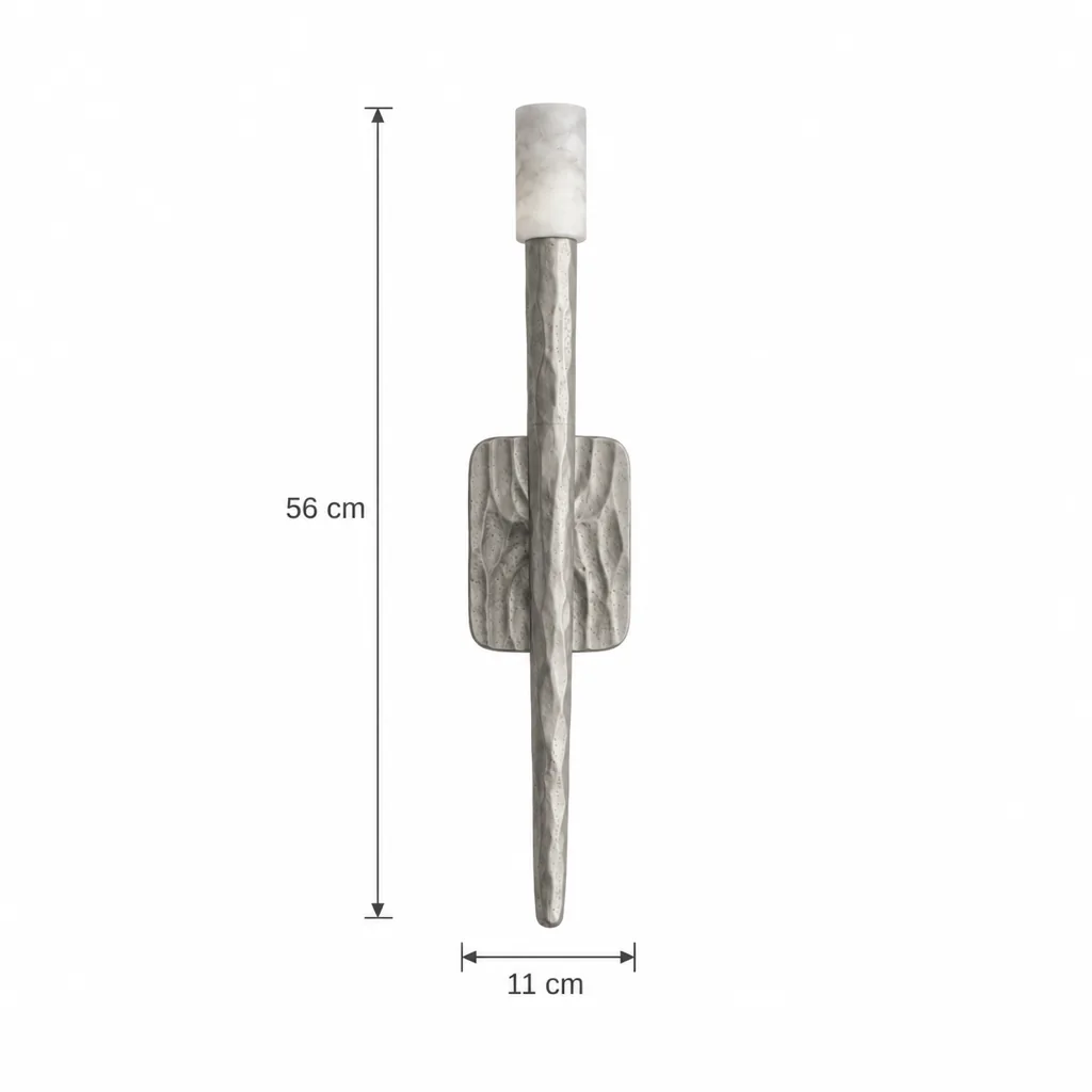 Wandlampe ERTE, Fackel-Wandleuchte mit Alabasterzylinder – Masszeichnung Höhe 56 cm, Breite 11 cm
