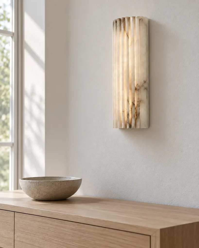 Wandlampe ALKO, geriffelte Alabastersäule mit LED – über einer Holzkonsole, Tageslicht