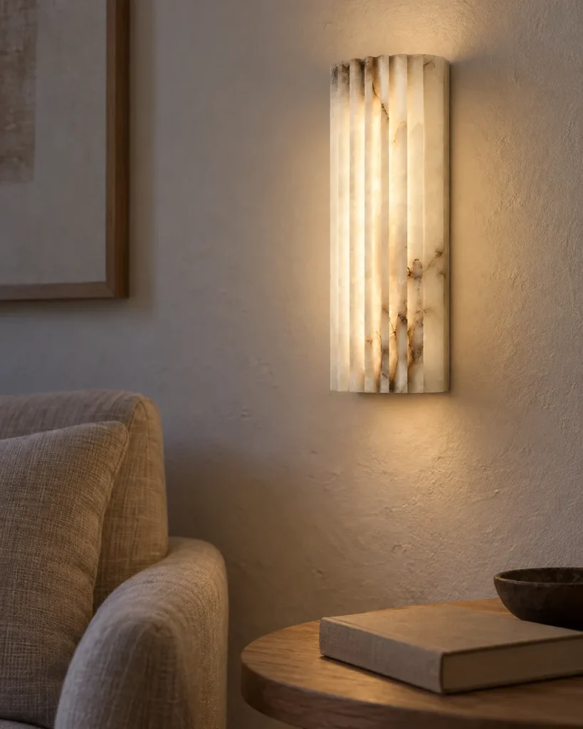 Wandlampe ALKO, geriffelte Alabastersäule mit LED – im Wohnzimmer über einem Beistelltisch, Abendlicht