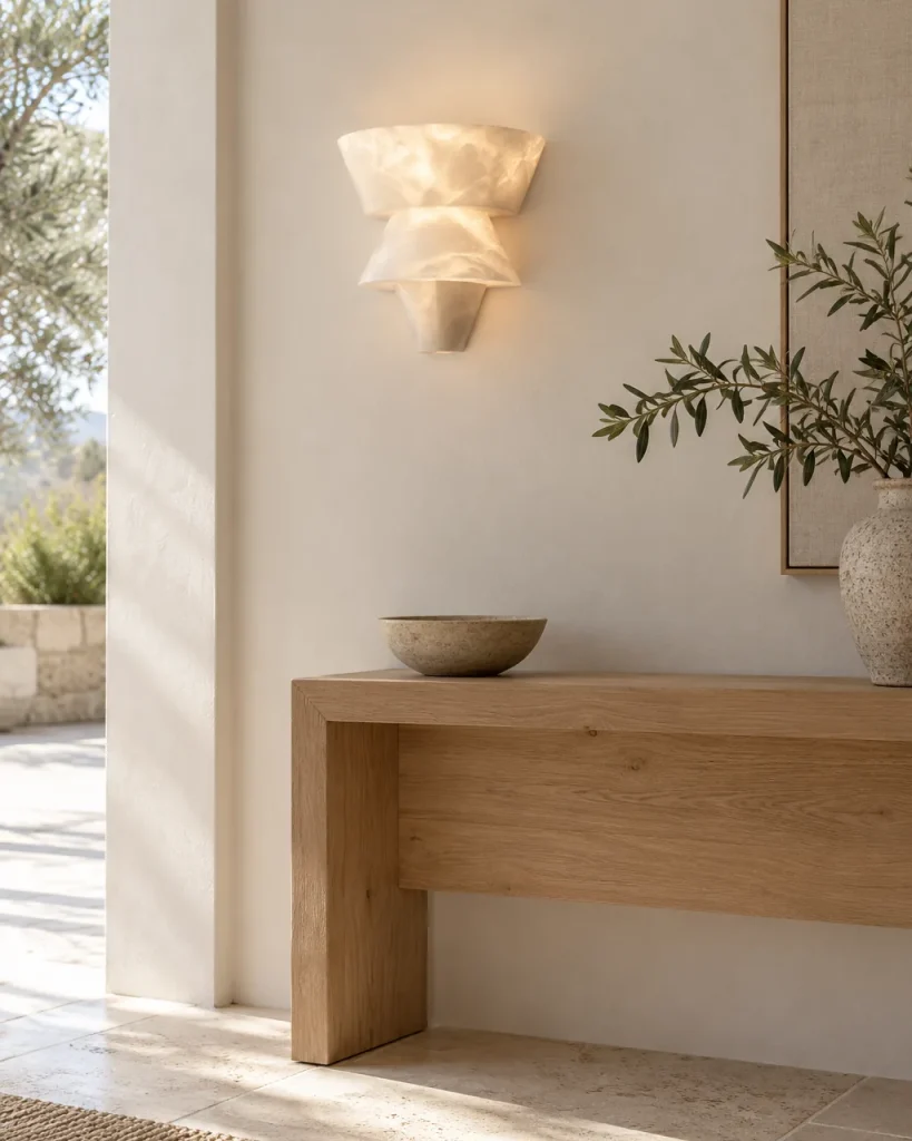 Wandlampe TARA, Alabaster-Wandleuchte in gestufter Form – im Eingangsbereich über einer Holzkonsole, Tageslicht