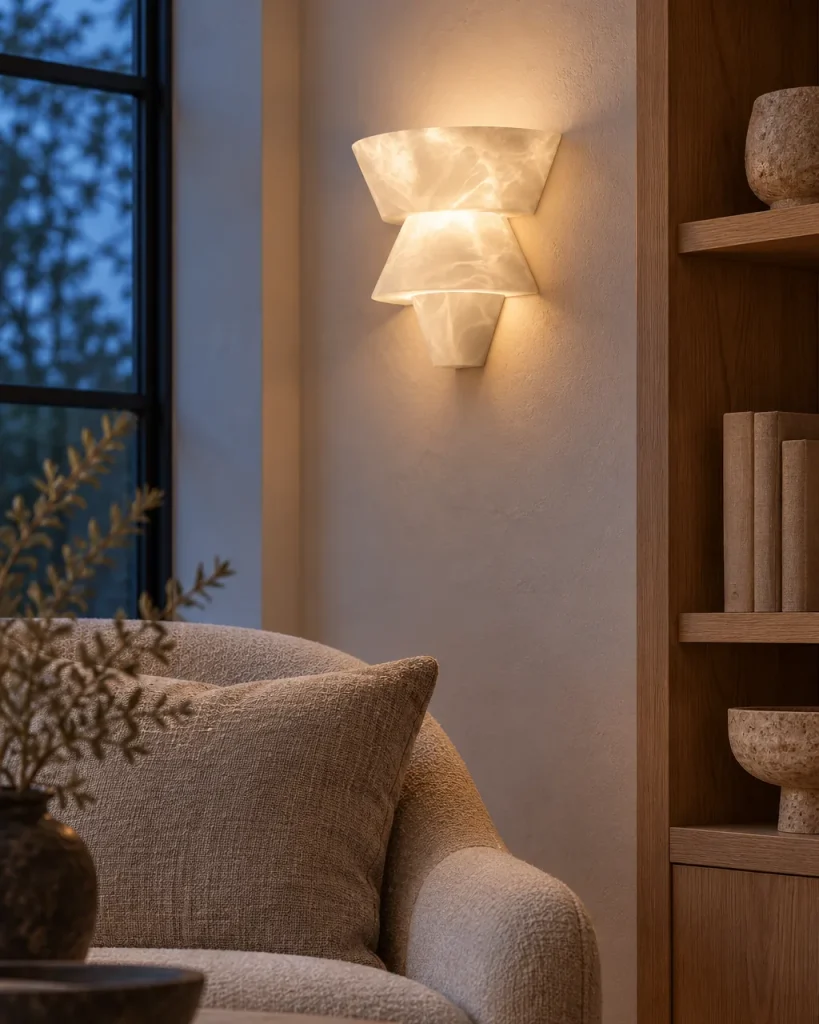 Wandlampe TARA, Alabaster-Wandleuchte in gestufter Form – im Wohnzimmer neben einem Regal und Sessel, Abendlicht