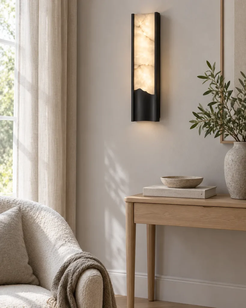 Wandlampe ERFI, Alabaster-Wandleuchte mit gewellter Blende – im Wohnzimmer neben einem Sessel über einer Holzkonsole, Tageslicht