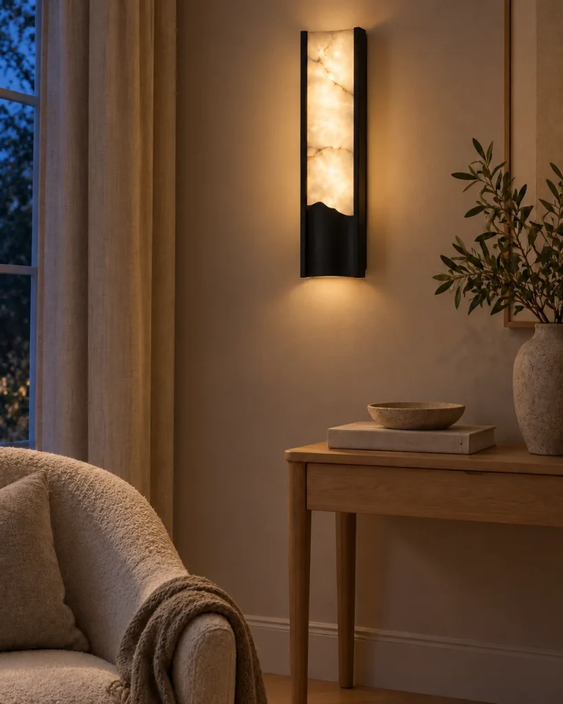 Wandlampe ERFI, Alabaster-Wandleuchte mit gewellter Blende – im Wohnzimmer neben einem Sessel über einer Holzkonsole, Abendlicht