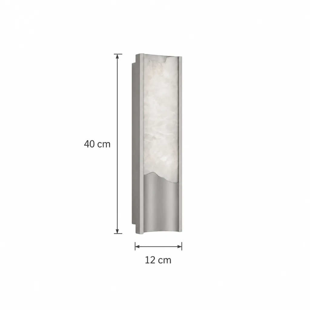 Wandlampe ERFI, Alabaster-Wandleuchte mit gewellter Blende – Masszeichnung Höhe 40 cm, Breite 12 cm