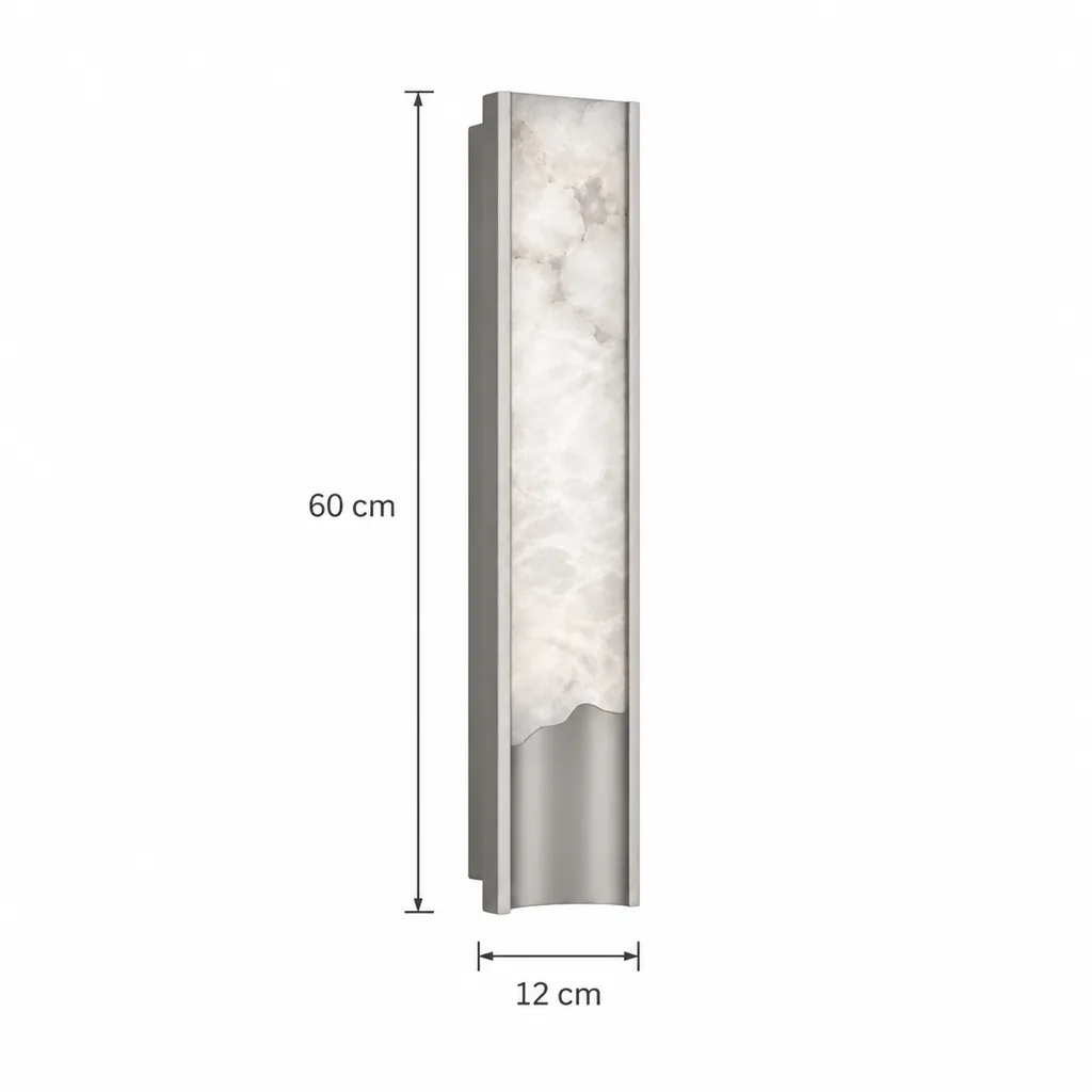 Wandlampe ERFI, Alabaster-Wandleuchte mit gewellter Blende – Masszeichnung Höhe 60 cm, Breite 12 cm