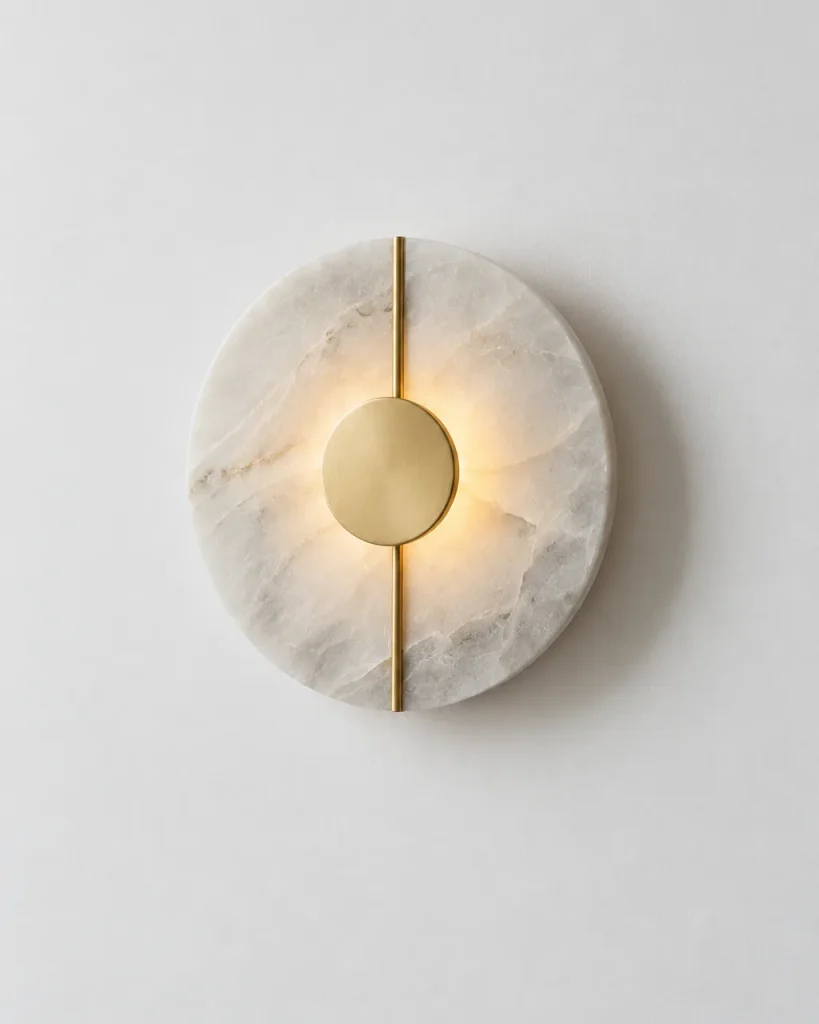 Wandlampe KLARLA, Alabaster-Wandleuchte mit goldener Mittelscheibe – rund Ø 20 cm, Produktfoto