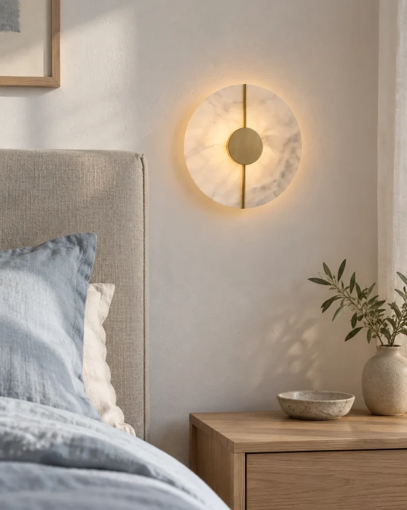 Wandlampe KLARLA, Alabaster-Wandleuchte mit goldener Mittelscheibe – im Schlafzimmer neben dem Bett, Tageslicht