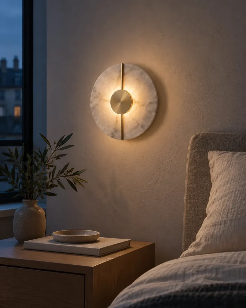 Wandlampe KLARLA, Alabaster-Wandleuchte mit goldener Mittelscheibe – im Schlafzimmer über dem Nachttisch, Abendlicht