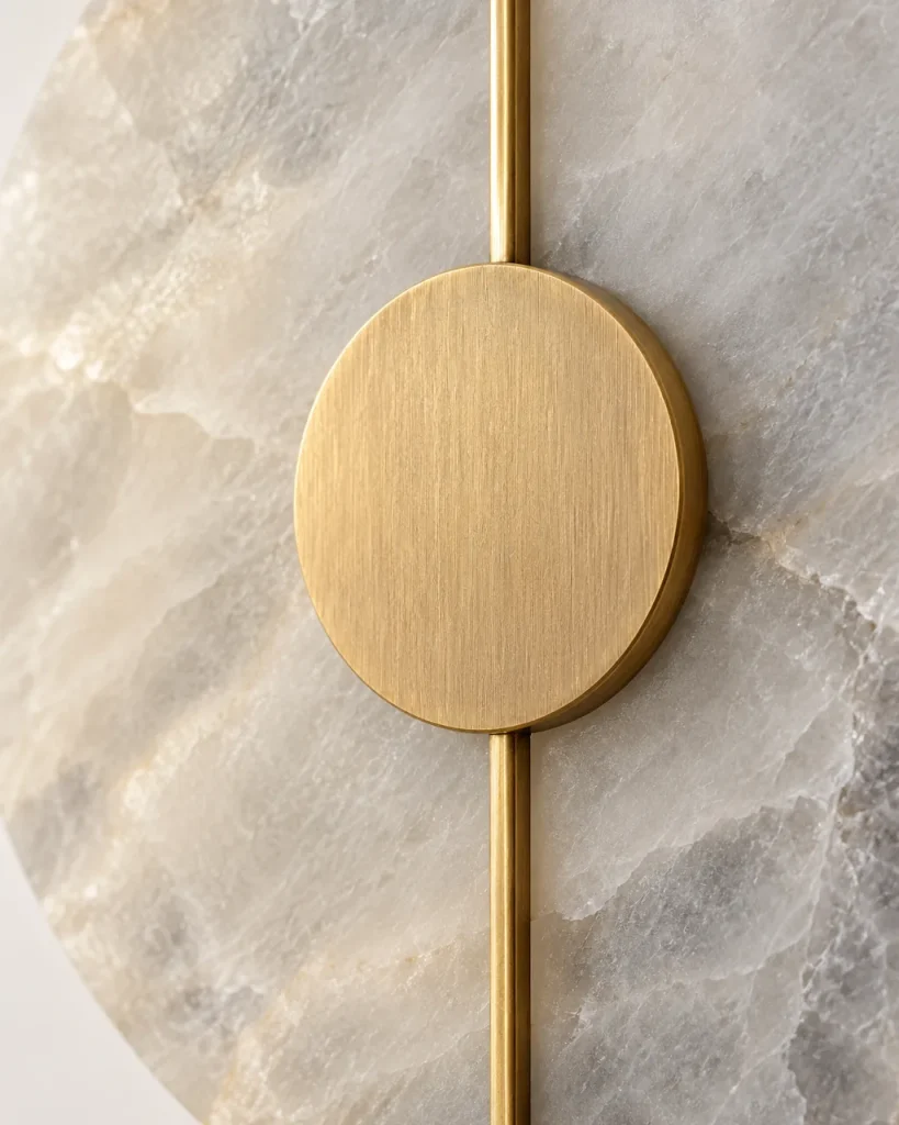 Wandlampe KLARLA, Alabaster-Wandleuchte mit goldener Mittelscheibe – Detailansicht der Alabasteradern und der goldenen Mittelscheibe