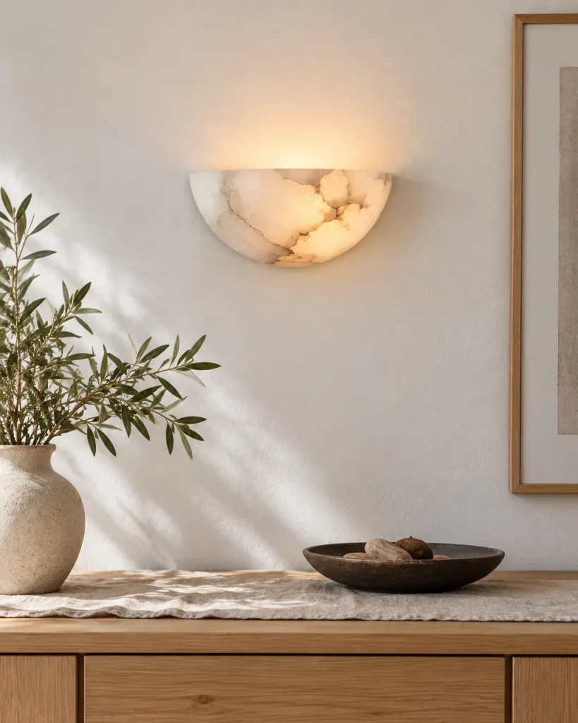 Wandlampe BOLGO, Halbschale aus echtem Alabaster – im Wohnzimmer über einem Holzsideboard, Tageslicht