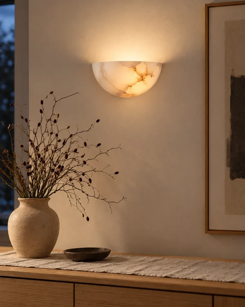 Wandlampe BOLGO, Halbschale aus echtem Alabaster – im Wohnzimmer über einem Holzsideboard, Abendstimmung