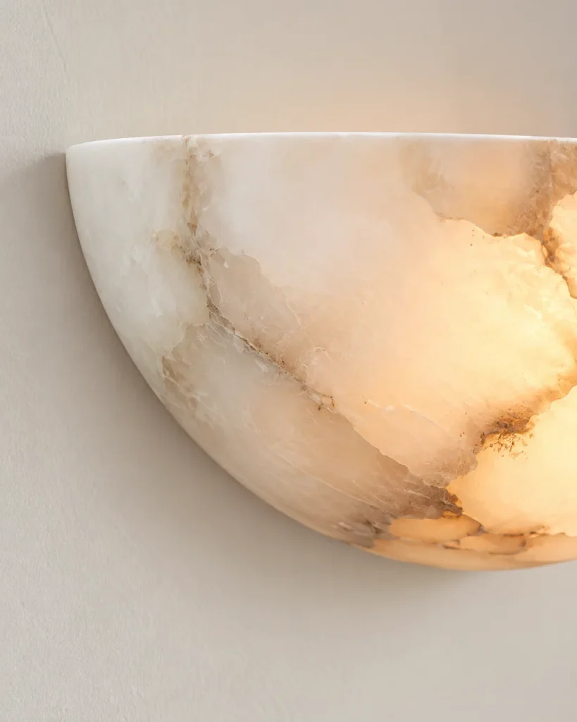 Wandlampe BOLGO, Halbschale aus echtem Alabaster – Detailansicht der Alabasteradern im Licht