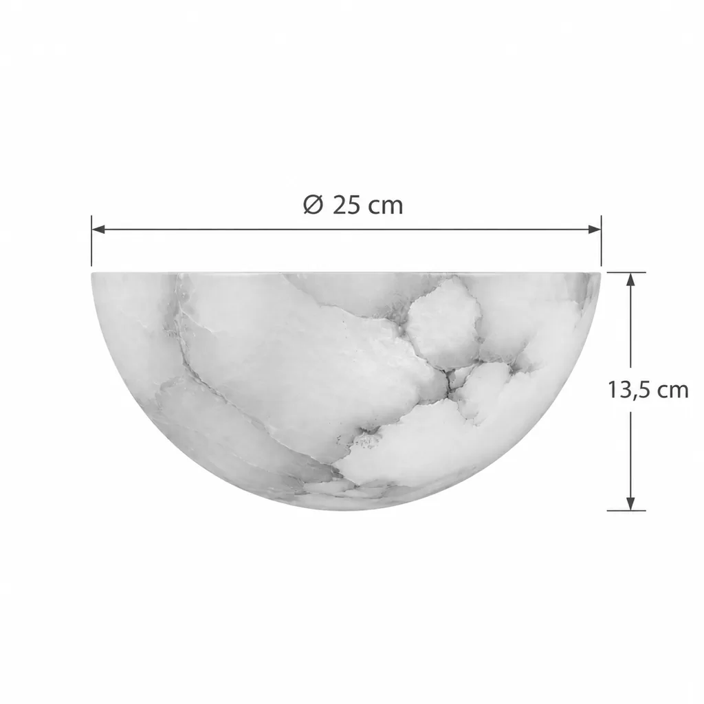 Wandlampe BOLGO, Halbschale aus echtem Alabaster – Masszeichnung Ø 25 cm, Höhe 13,5 cm